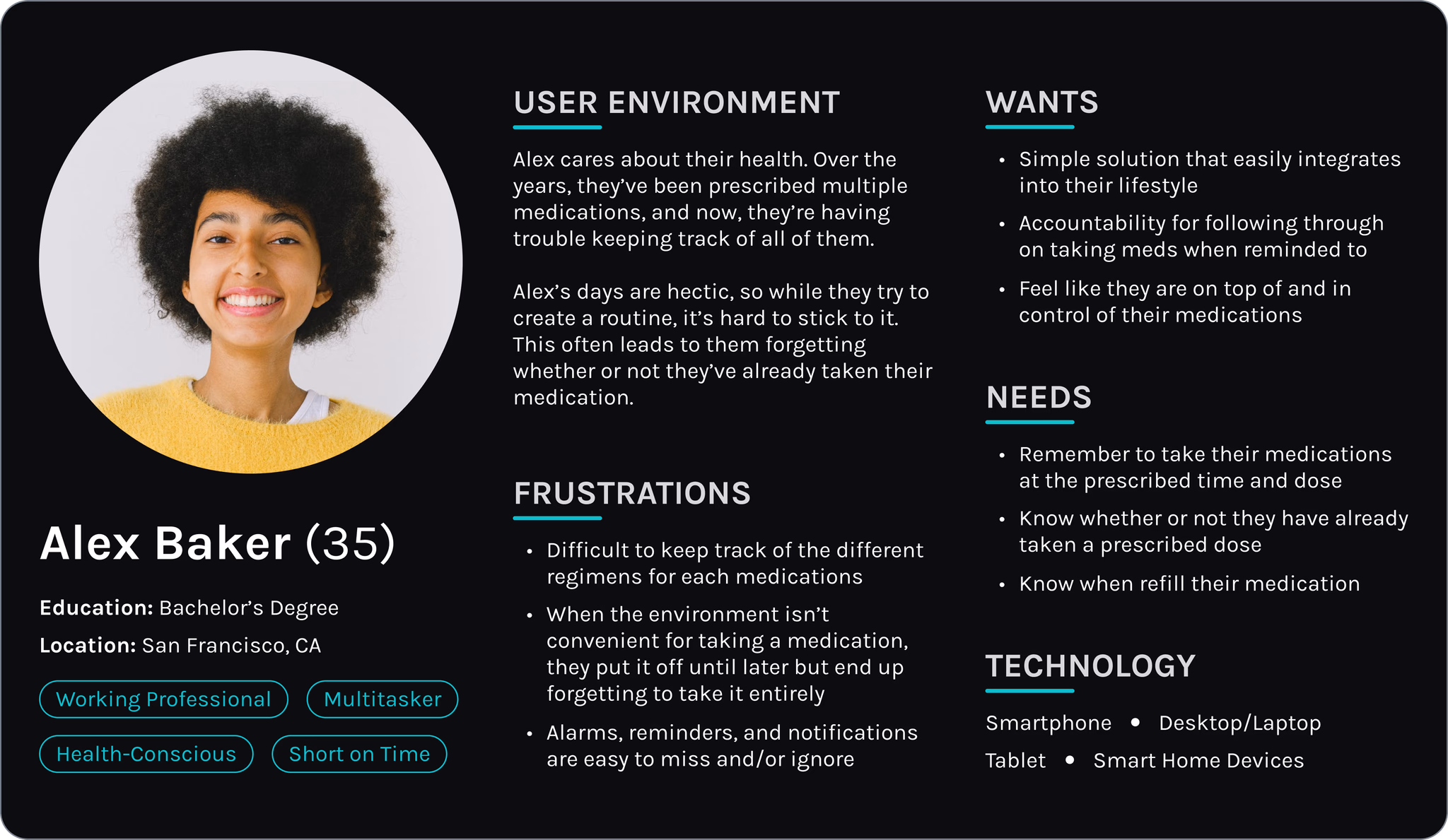 Persona of Alex Baker. A 35 year-old working professional has difficulty keeping up with their medication regimens.